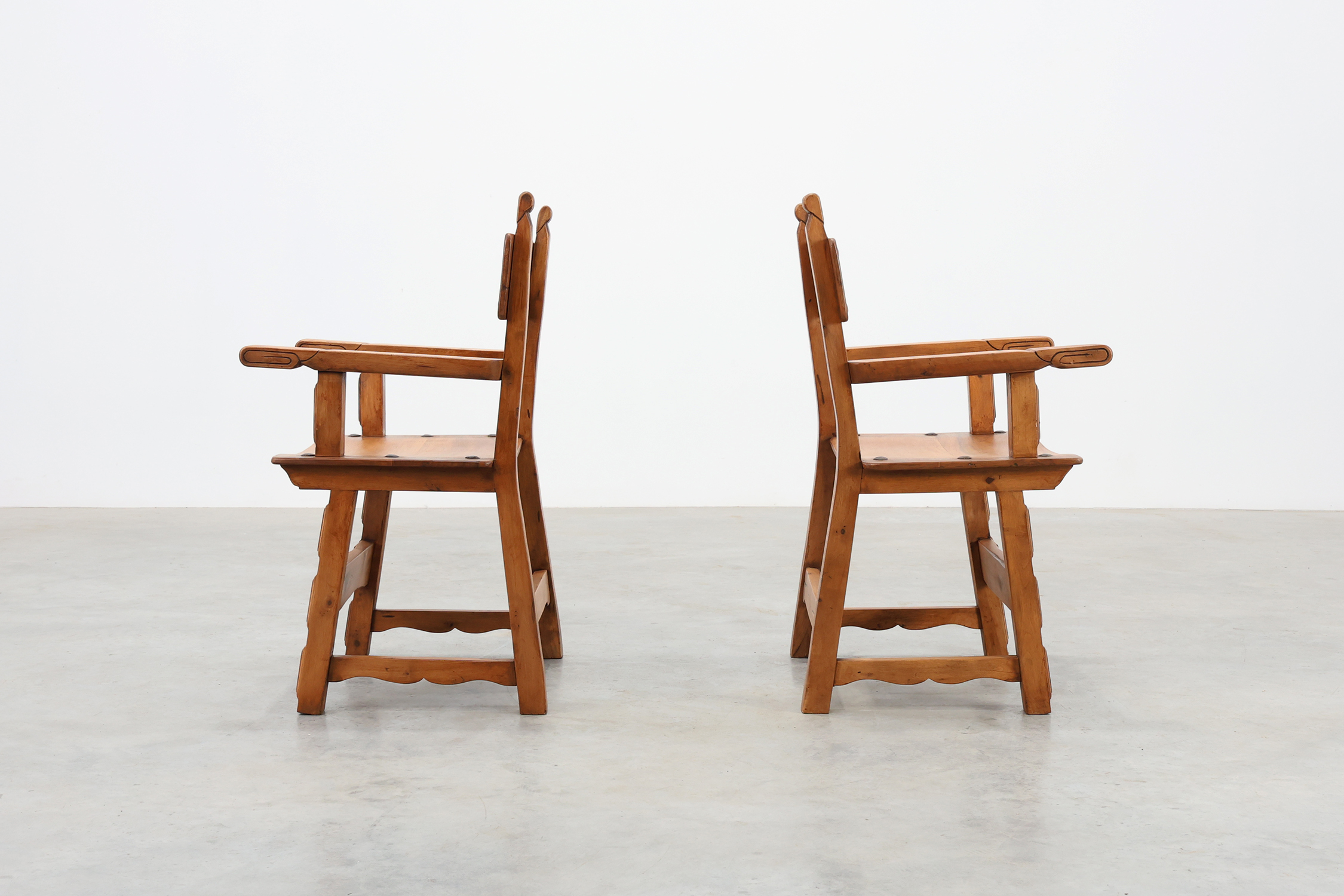 Pair of 2 Rustic carved oak side chairs, Spain ca. 1900thumbnail